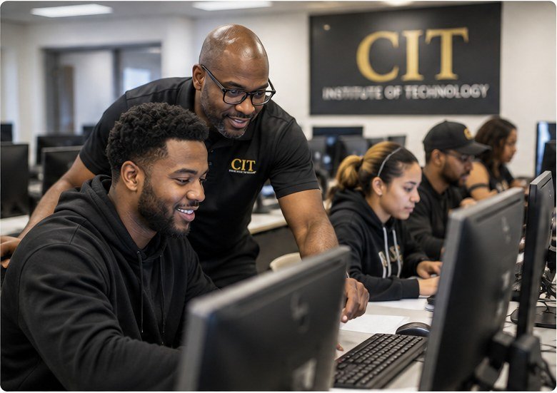 Adult learners working with a technology instructor in a computer classroom
